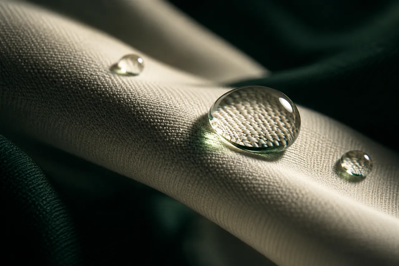 A macro textile and water study: clear droplets resting on sculptural ivory fabric